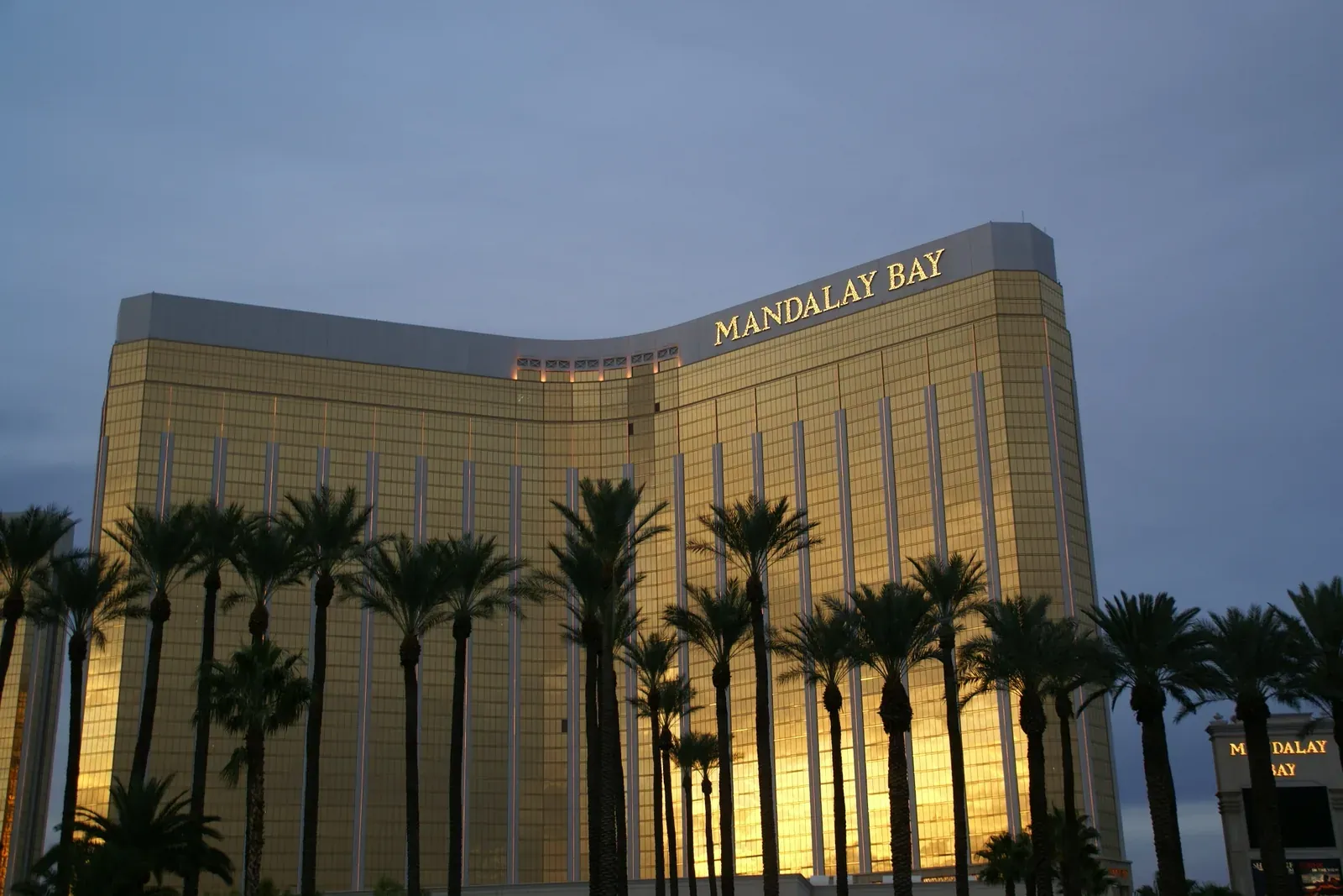 Mandalay Bay hotel in Las Vegas, with its gold facade and palm trees