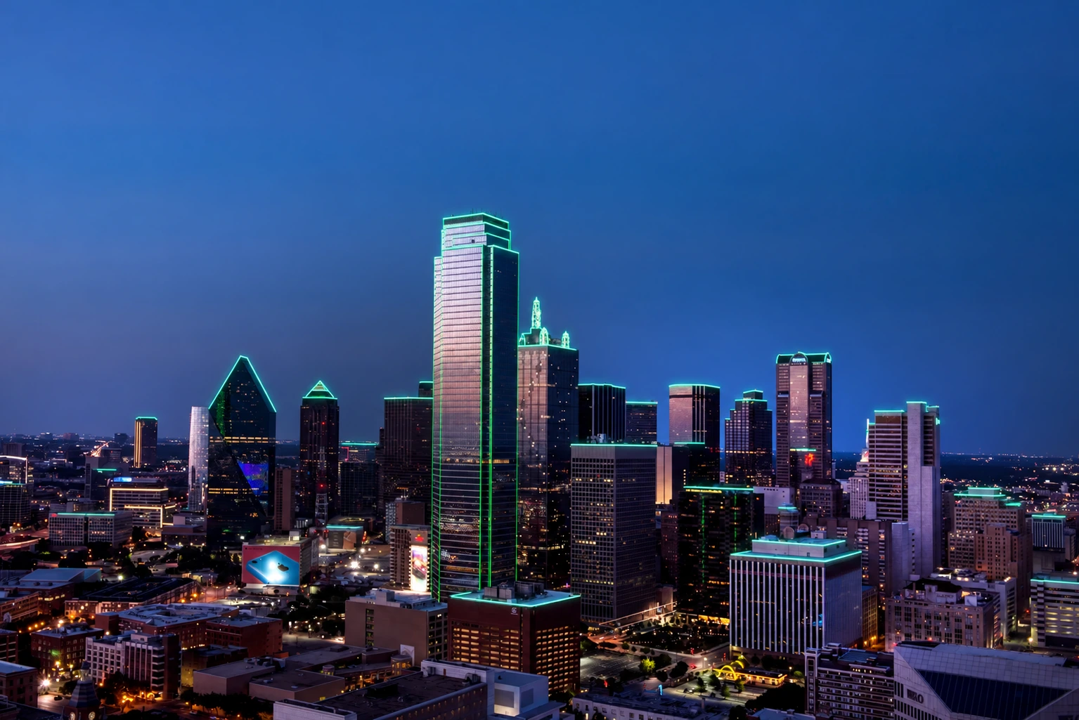 Downtown Dallas skyline at dusk